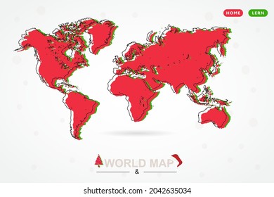 World Map - World Map International vector template with Christmas themes including red, green and black outline sketch isolated on white background - Vector illustration eps 10