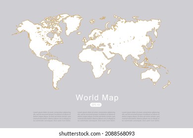 Mapa del mundo Plantilla vectorial internacional con color blanco y delgado estilo de esbozo gráfico de oro aislado en fondo gris para diseño, infografía, afiche, banner - Ilustración vectorial eps 10