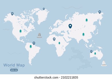 World Map International vector template High detailed with white color isolated on blue background including simple point of location, tree and boat icon - Vector illustration eps 10