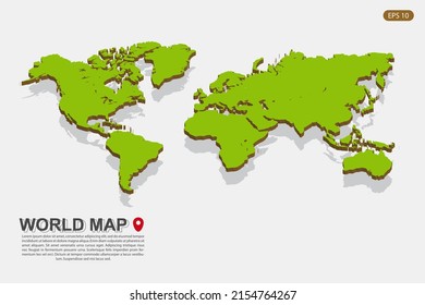 World map International vector template with isometric style including shadow, green and brown color isolated on white background for design, infographic - Vector illustration eps 10