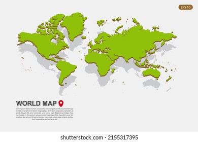 Mapa mundial - Mapa mundial Plantilla vectorial internacional con estilo isométrico que incluye sombra, color verde y marrón aislado en fondo blanco para el diseño - Ilustración vectorial eps 10