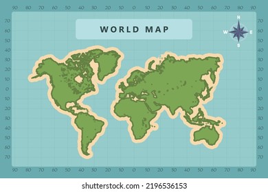 World Map International vector template High detailed with green and cream color isolated on blue background including Compass Rose icon - Vector illustration eps 10