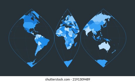 World Map. Interrupted sinusoidal projection. Futuristic world illustration for your infographic. Nice blue colors palette. Neat vector illustration.