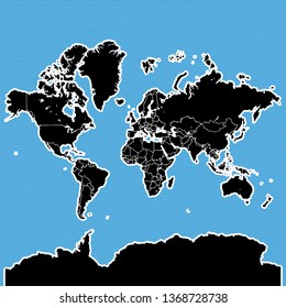 World map as island. Map separated on blue wave water background.