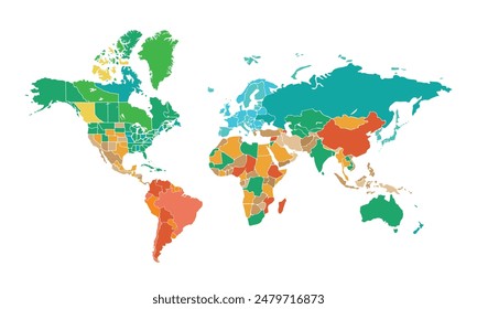 World map isolated modern colorful style. for website layouts, background, education, precise, customizable, Travel worldwide, map silhouette backdrop, earth geography, political, reports.