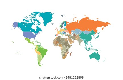 World map isolated modern colorful style. for website layouts, background, education, precise, customizable, Travel worldwide, map silhouette backdrop, earth geography, political, reports. 