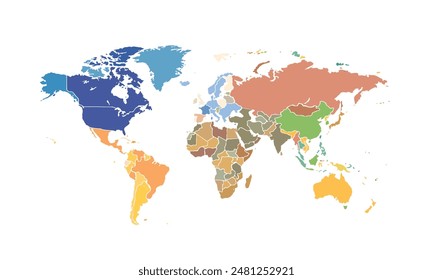 World map isolated modern colorful style. for website layouts, background, education, precise, customizable, Travel worldwide, map silhouette backdrop, earth geography, political, reports. 