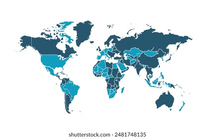 World map isolated modern colorful style. for website layouts, background, education, precise, customizable, Travel worldwide, map silhouette backdrop, earth geography, political, reports. 