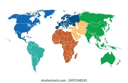 World map isolated modern colorful style. for website layouts, background, education, precise, customizable, Travel worldwide, map silhouette backdrop, earth geography, political, reports.