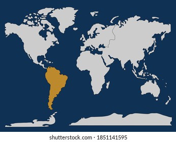world map isolated on blue background. Separated South America