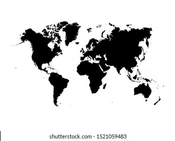 World map isolated on white background. Flat Earth, black map template. Globe similar world map icon. Travel worldwide, map silhouette backdrop.