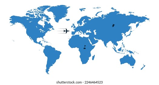 World map isolated on white background. Blue worldmap vector template for website, design infographics. Flat Earth Graph World map with airplane representing travel or world tour.