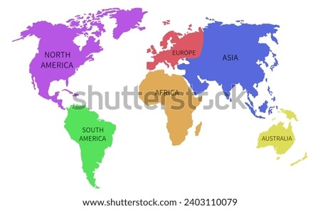 World map isolated on white background. Flat Earth, world map template. Each part of the world is painted in a separate color. EPS 10.