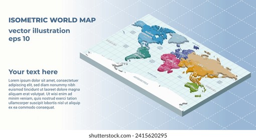 Ilustración vectorial 3d isométrica del mapa mundial. Plantilla para su diseño