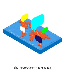 World map isometric with isometric frame. Doodles.Vector illustration