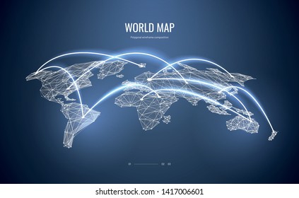 World map isometric. Polygonal wireframe composition. Air travel concept. Abstract illustration isolated on blue background. Particles are connected in a geometric silhouette.