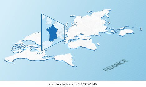 Weltkarte im isometrischen Stil mit detaillierter Karte von Frankreich. Hellblaue Frankreich Karte mit abstrakter Weltkarte. Vektorgrafik.