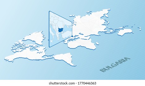 World Map in isometric style with detailed map of Bulgaria. Light blue Bulgaria map with abstract World Map. Vector illustration.