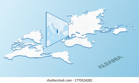 Mapa mundial de estilo isométrico con mapa detallado de Albania. Mapa azul claro de Albania con mapa abstracto del mundo. Ilustración vectorial.