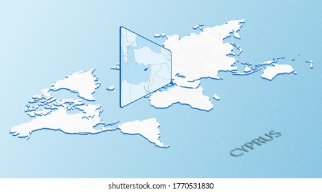 World Map in isometric style with detailed map of Cyprus. Light blue Cyprus map with abstract World Map. Vector illustration.