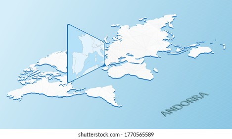 Mapa mundial de estilo isométrico con mapa detallado de Andorra. Mapa de Andorra azul claro con Mapa Mundial abstracto. Ilustración vectorial.
