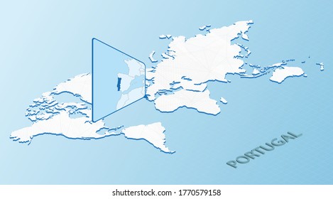 World Map in isometric style with detailed map of Portugal. Light blue Portugal map with abstract World Map. Vector illustration.