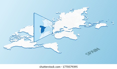 World Map in isometric style with detailed map of Spain. Light blue Spain map with abstract World Map. Vector illustration.