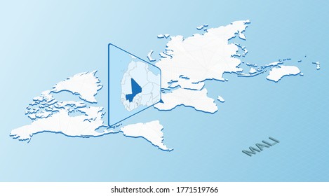 World Map in isometric style with detailed map of Mali. Light blue Mali map with abstract World Map. Vector illustration.