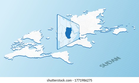Weltkarte im isometrischen Stil mit detaillierter Karte des Sudan. Hellblauer Sudan-Karte mit abstrakter Weltkarte. Vektorgrafik.