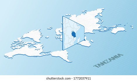 World Map in isometric style with detailed map of Tanzania. Light blue Tanzania map with abstract World Map. Vector illustration.