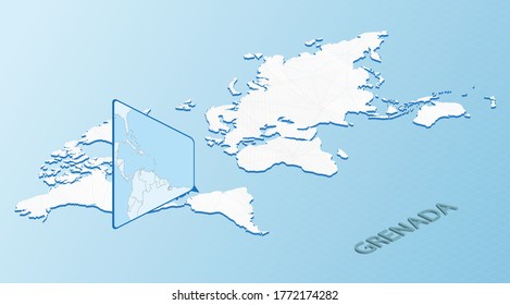 Weltkarte im isometrischen Stil mit detaillierter Karte von Grenada. Hellblaue Grenada Karte mit abstrakter Weltkarte. Vektorgrafik.