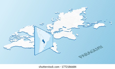 Mapa del mundo de estilo isométrico con mapa detallado de Paraguay. Mapa azul claro de Paraguay con mapa abstracto del mundo. Ilustración vectorial.