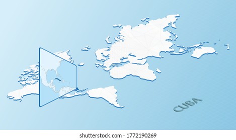 Mapa del mundo de estilo isométrico con mapa detallado de Cuba. Mapa azul claro de Cuba con el Mapa Mundial abstracto. Ilustración vectorial.