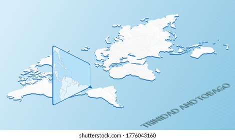 Mapa mundial de estilo isométrico con mapa detallado de Trinidad y Tobago. Mapa azul claro de Trinidad y Tobago con el Mapa Mundial abstracto. Ilustración vectorial.