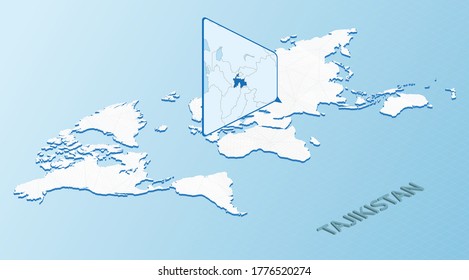 World Map in isometric style with detailed map of Tajikistan. Light blue Tajikistan map with abstract World Map. Vector illustration.