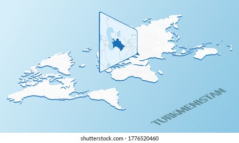 World Map in isometric style with detailed map of Turkmenistan. Light blue Turkmenistan map with abstract World Map. Vector illustration.