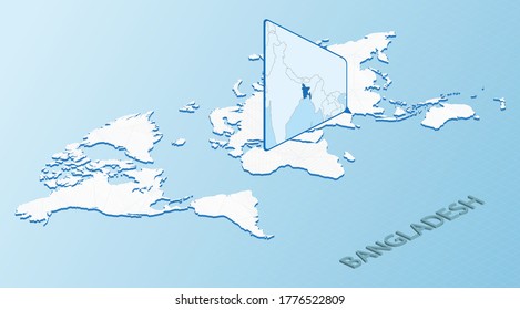 Mapa mundial de estilo isométrico con mapa detallado de Bangladesh. Mapa azul claro de Bangladesh con el mapa abstracto del mundo. Ilustración vectorial.