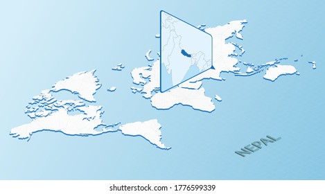 Mapa mundial de estilo isométrico con mapa detallado de Nepal. Mapa azul claro de Nepal con mapa abstracto del mundo. Ilustración vectorial.