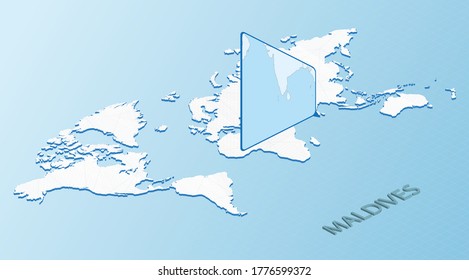 World Map in isometric style with detailed map of Maldives. Light blue Maldives map with abstract World Map. Vector illustration.