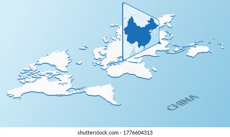 Mapa mundial de estilo isométrico con mapa detallado de China. Mapa azul claro de China con Mapa Mundial abstracto. Ilustración vectorial.