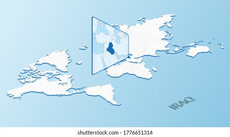 World Map in isometric style with detailed map of Iraq. Light blue Iraq map with abstract World Map. Vector illustration.