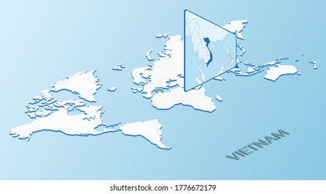 Mapa mundial de estilo isométrico con mapa detallado de Vietnam. Mapa azul claro de Vietnam con mapa abstracto del mundo. Ilustración vectorial.