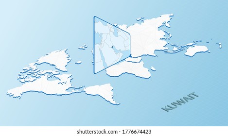 World Map in isometric style with detailed map of Kuwait. Light blue Kuwait map with abstract World Map. Vector illustration.