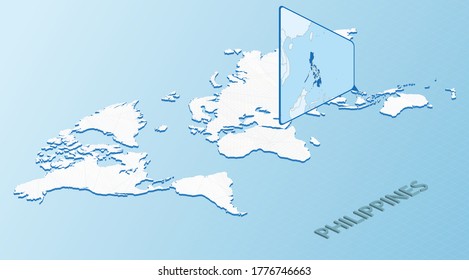 World Map in isometric style with detailed map of Philippines. Light blue Philippines map with abstract World Map. Vector illustration.