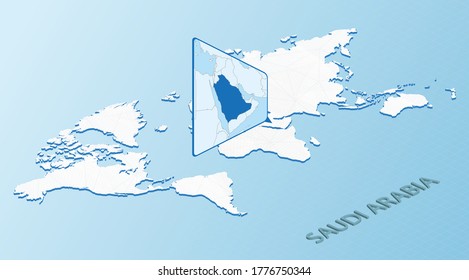 World Map in isometric style with detailed map of Saudi Arabia. Light blue Saudi Arabia map with abstract World Map. Vector illustration.