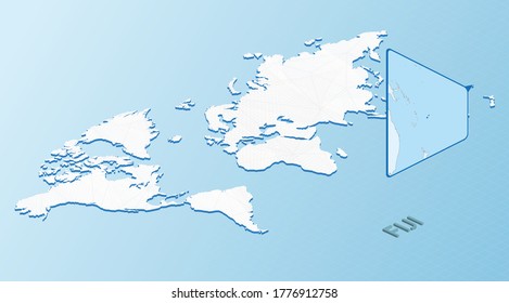 World Map in isometric style with detailed map of Fiji. Light blue Fiji map with abstract World Map. Vector illustration.