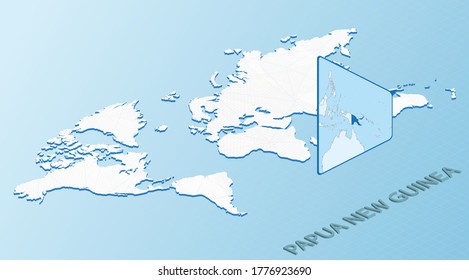 Weltkarte im isometrischen Stil mit detaillierter Karte von Papua-Neuguinea. Hellblaue Papua-Neuguinea-Karte mit abstrakter Weltkarte. Vektorgrafik.