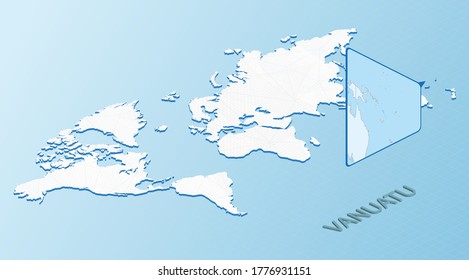 Mapa mundial de estilo isométrico con mapa detallado de Vanuatu. Mapa azul claro de Vanuatu con el mapa abstracto del mundo. Ilustración vectorial.