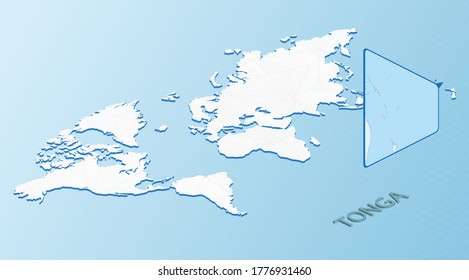 World Map in isometric style with detailed map of Tonga. Light blue Tonga map with abstract World Map. Vector illustration.