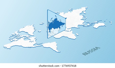World Map in isometric style with detailed map of Russia. Light blue Russia map with abstract World Map. Vector illustration.